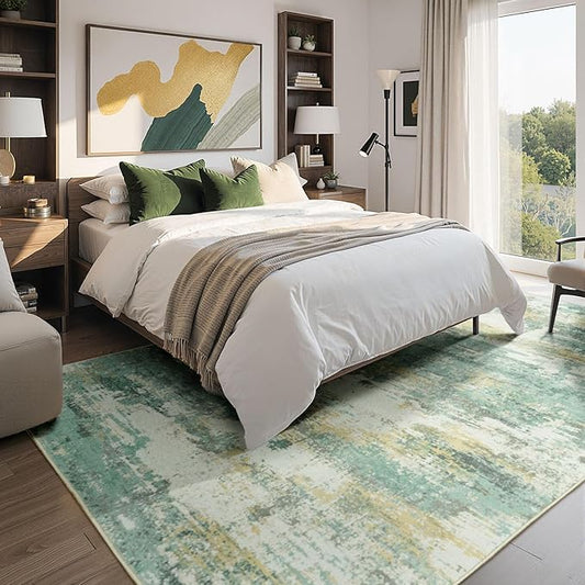 Rugflix 5x7 Area Rugs for Living Room, Washable Large Rug Stain-Resistant Low Pile, Modern Carpet for Dining Room Home Office Kid Room Nursery Bedroom, Light Green