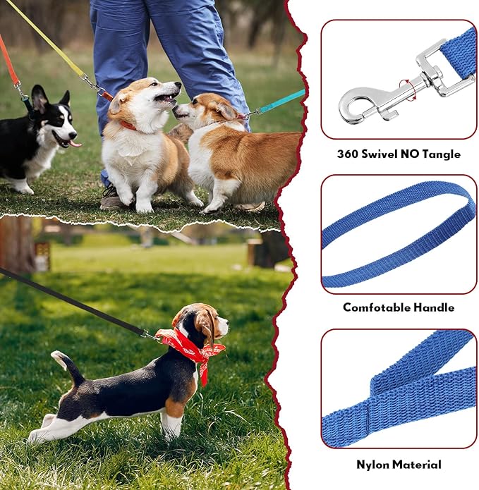 24 Pack Nylon Dog Training Leash Bulk 5 ft Dog Leash for Small and Medium Puppy Traction Rope for Training, Play, Camping, or Backyard, 12 Assorted Colors(Bright Colors)
