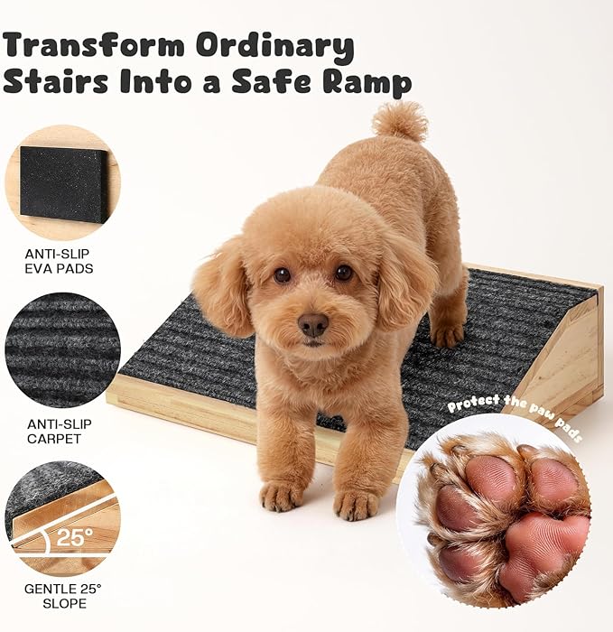 3-Pack Wooden Dog Ramp for Stairs, Anti-Slip Pet Steps for Small Dogs with Carpet Surface, Low-Angled Pet Ramps for Staircase, Steps and Stairs Assist for Injured & Aged Pets, Stairs Ramp for Dogs