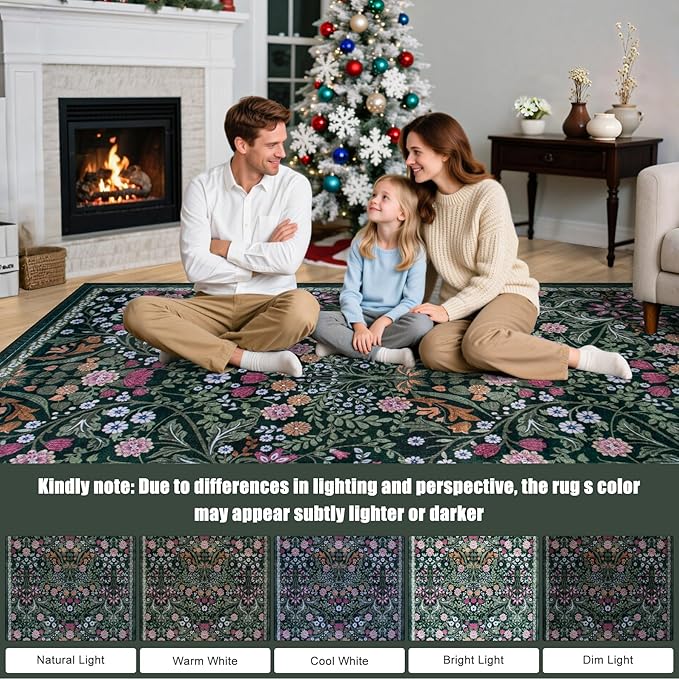 Area Rug Living Room Rugs: Floral 5x7 Washable Rug Vintage Soft Boho Non-Slip Carpet Indoor Floor Stain Resistant Large Carpets for Bedroom Dining Room Farmhouse Nursery Hallway Home Office Dark Green