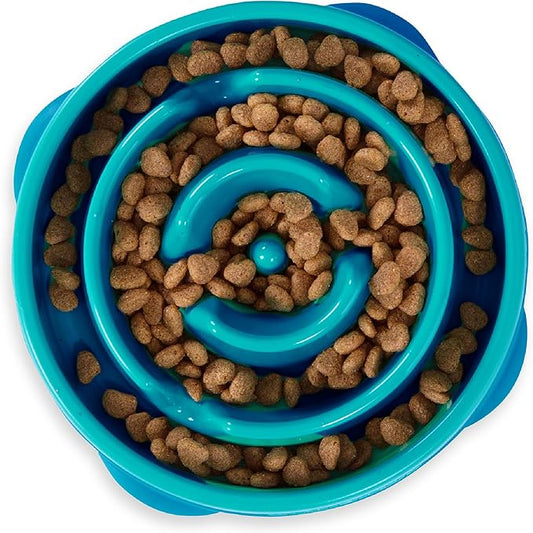 Outward Hound Fun Feeder Slo Bowl – Medium 2‑Cup Capacity, Slow Feeding, Small to Medium Dogs & Cats, Non-Slip, Turquoise, Drop Pattern