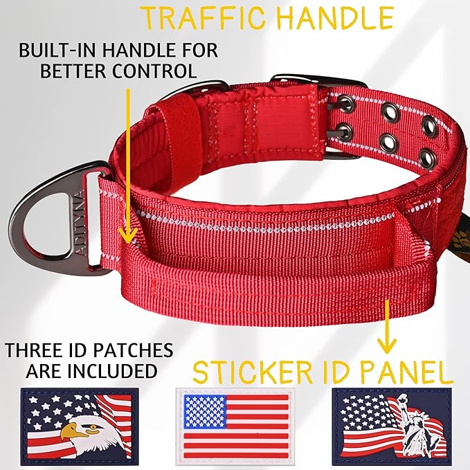 ADITYNA Heavy Duty Dog Collar for Medium Dogs - Reflective Red Collar with Handle for Training, and Walking - Wide, Thick, Tactical, Soft Neoprene Padded