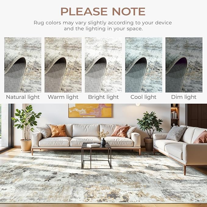 Neutral Area Rug 6x9 Washable Rugs for Living Room Aesthetic, Large Abstract Non-Slip Low-Pile Printed Accent Carpet for Bedroom Office, Brown/Grey
