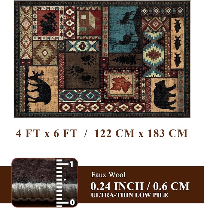 YIHOUSE Rustic Cabin Area Rug 4x6,Machine Washable Lodge Bear Rug,Non-Slip Low Pile Print Pattern Western Rug for Living Room Bedroom
