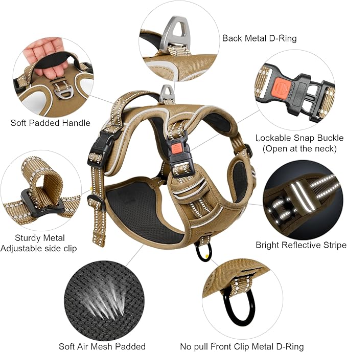 Timos Dog Harness Medium Sized, No Pull Pet Harness with Neck Lockable Snap,No Choke Front Clip Dog Reflective Vest,Adjustable Metal Rings 3 Buckles,Easy Control Handle for Medium Dogs Khaki M