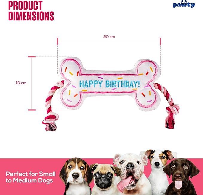 Birthday Bone Interactive Dog Toy - Interactive Tug Rope Pet Toy - Cute Unique Design Party Birthday Gift - Small Medium Puppy - Durable Chew Resistant Plush with Squeaker for Teething (Pink)