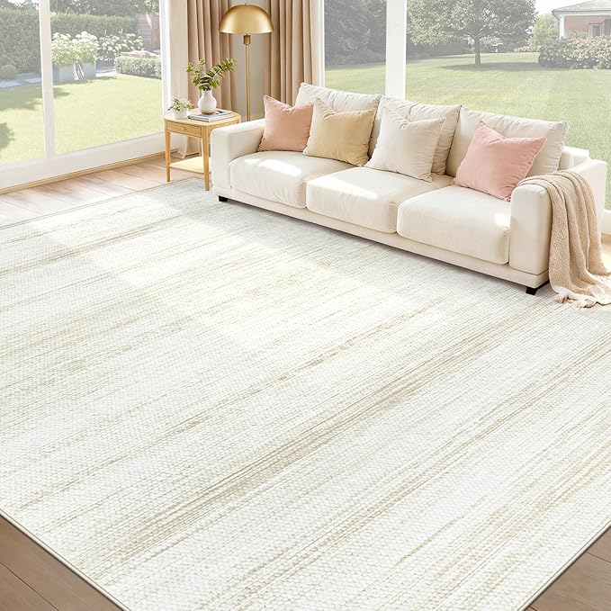 Washable Rug 9x12 Area Rugs: Modern Geometric Rugs for Living Room Non Slip Soft Low Pile Moroccan Indoor Carpet for Bedroom Nursery Dining Room Home Office (Ivory, 9'x12')