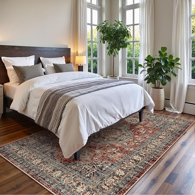 Lahome Oriental Washable Rugs for Living Room, 5x7 Area Rugs for Bedroom Ultra-Thin Non-Slip, Stain Resistant Vintage Low-Pile Throw Carpet for ?랣ining Room Office, Brick Red