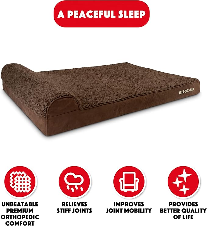 The Dog’s Bed Orthopedic Memory Foam Dog Bed with Headrest, Plush Fabric, Brown Plush, XXL, 4-Inch