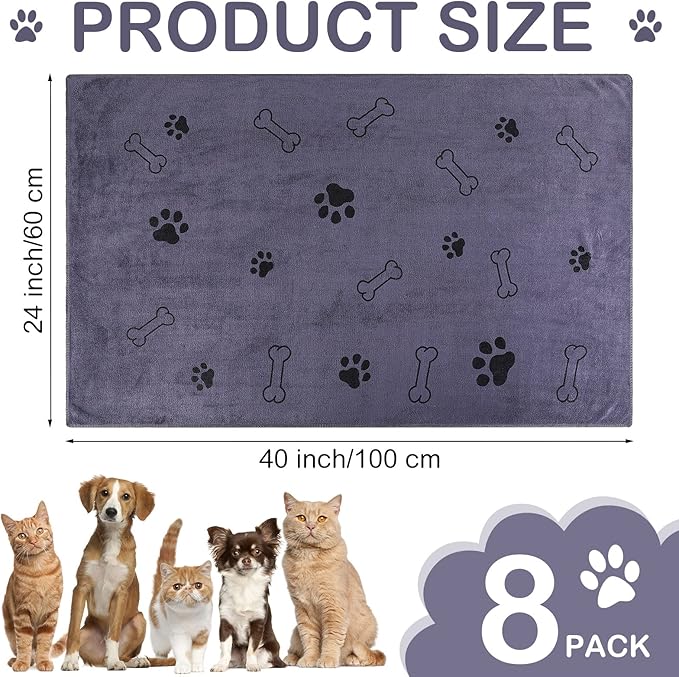 Chumia 8 Pcs Dog Towels for Drying Dogs Cats Pet Towels Bulk Puppy Microfiber Quick Drying Paw Bath Bathing Supplies Absorbent for Medium Pets(Gray,40 x 24 Inch)
