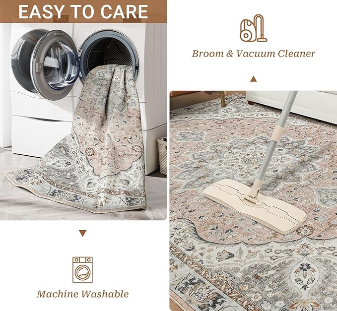 Washable Rug 8x10 Area Rugs for Living Room - Stain Resistant Non-Slip Backing Rugs for Bedroom - Vintage Large Area Rug (Peach/Gray, 8'x10')