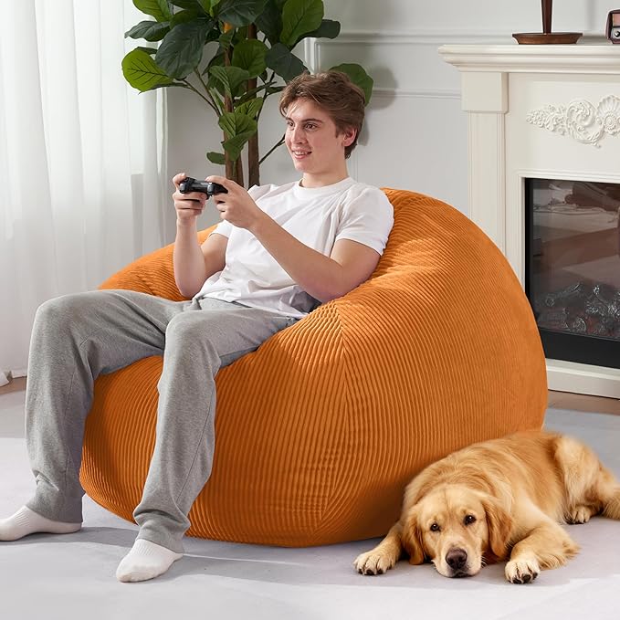 Homguava 4FT Bean Bag Chair for Adults,Teardrop Bean Bags Big Beanbag Chair with Memory Foam Filled and Ultra Soft Removable Corduroy Cover for Living Room, Bedroom(Orange)