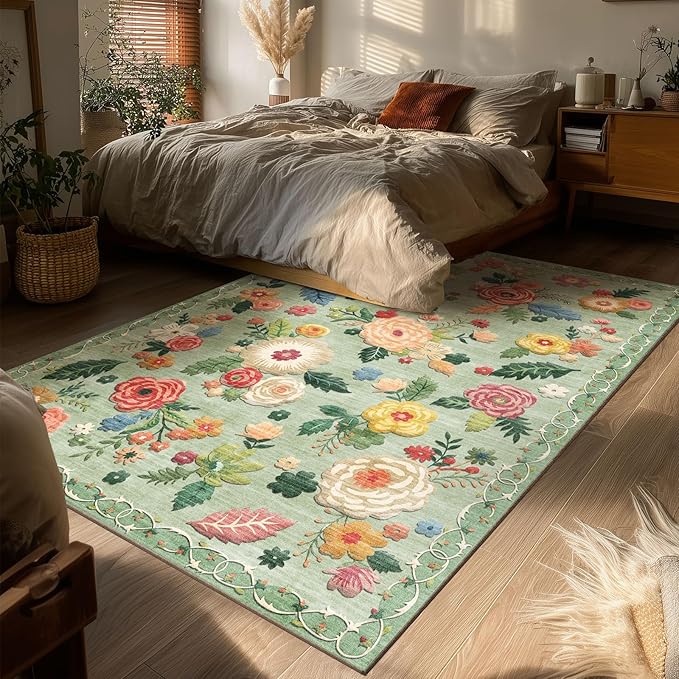 4x6 Bedroom Area Rug Washable: Entry Throw Rug Stain Resistant Floral Green Rug Non Slip Low Pile Small Carpet for Bedroom Kitchen Entryway Living Room Bedside Office Dorm Kids Room Entrance