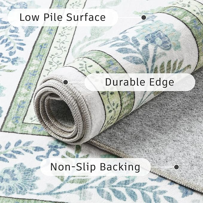 DCX Area Rug 4x6 Botanical Floral Washable Rugs in Green and Blue Soft Non Slip Low Pile Stain Resistant Carpet for High-Traffic Areas Bedroom Kitchen Entryway
