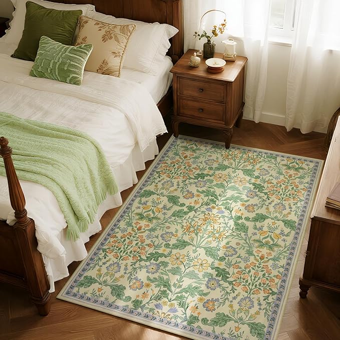 Floral Area Rug for Living Room: 4x6 Washable Soft Low Pile Thin Indoor Carpet, Non Slip Stain Resistant Vintage Flower Boho Accent Rugs for Bedroom, Dining, Home Office, Nursery - Ivory