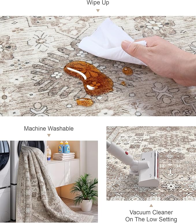 Washable Runner Rug 2x6 Hallway Runner Rug Ultra-Thin Kitchen Rug Non Slip Indoor Floor Foldable Carpet with Low Pile for Entryway Bathroom Laundry Room Living Room(Brown/Beige,2'x6')