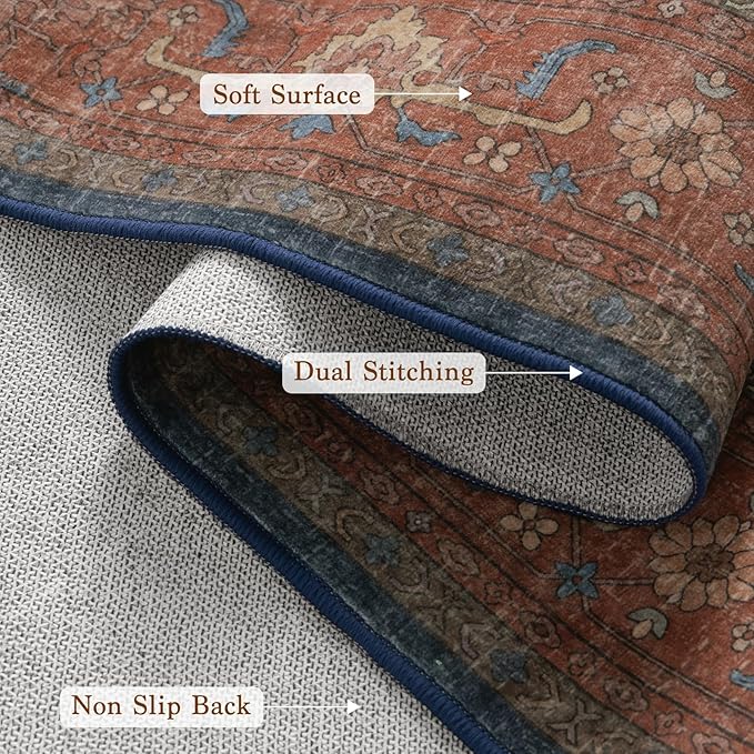 LBRO2M Distressed Washable Rugs 9X12 Area Rug for Living Room for Bedroom Dining Room Non Slip Farmhouse Rugs Easy Clean, Stain Resistant Carpet Great for Pets and Kids (9'X12' Distressed Blue)