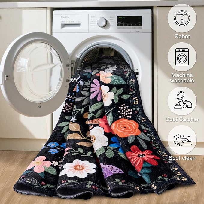 Runner Rug for Entryway: 2x6 Kitchen Rugs Non Slip Washable Ultra-Thin Soft Floral Carpet Indoor Floor Stain Resistant Carpets for Hallway Bedroom Kitchen Laundry Bathroom Dorm Black