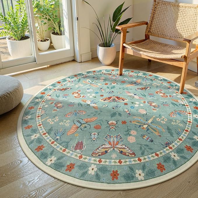 Lahome Insect Washable Round Rugs, Non-Slip Soft Round Rug 4ft Ultra-Thin, Small Boho Circle Carpet for Entryway Kitchen Bedroom Nursery Bathroom, Green
