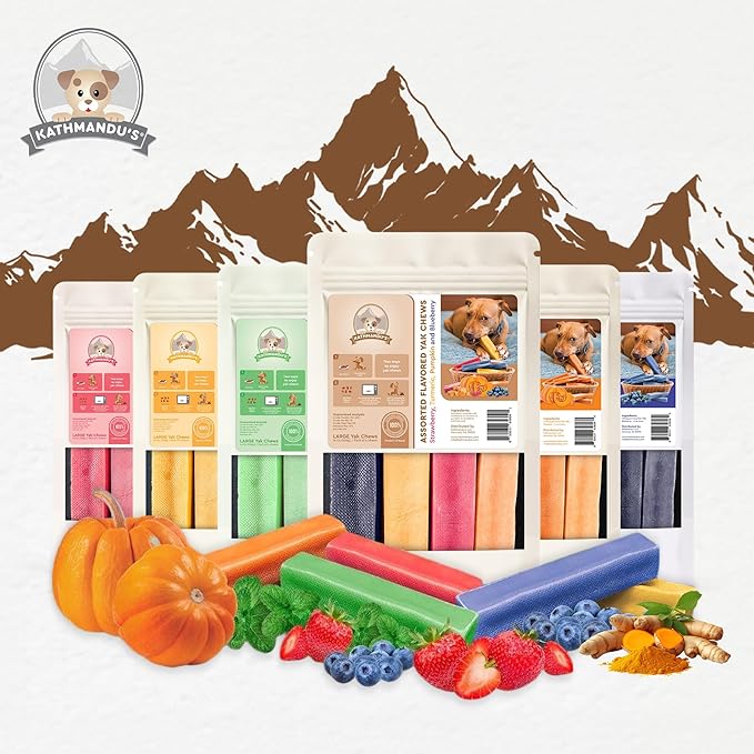 KATHMANDU'S 100% Natural Flavored Yak Chews – Keep Dogs Busy & Happy with Our Lactose & Rawhide Free Himalayan Dog Chews - Long Lasting Dental Treats for Aggressive Chewers (Large, Pack of 4)