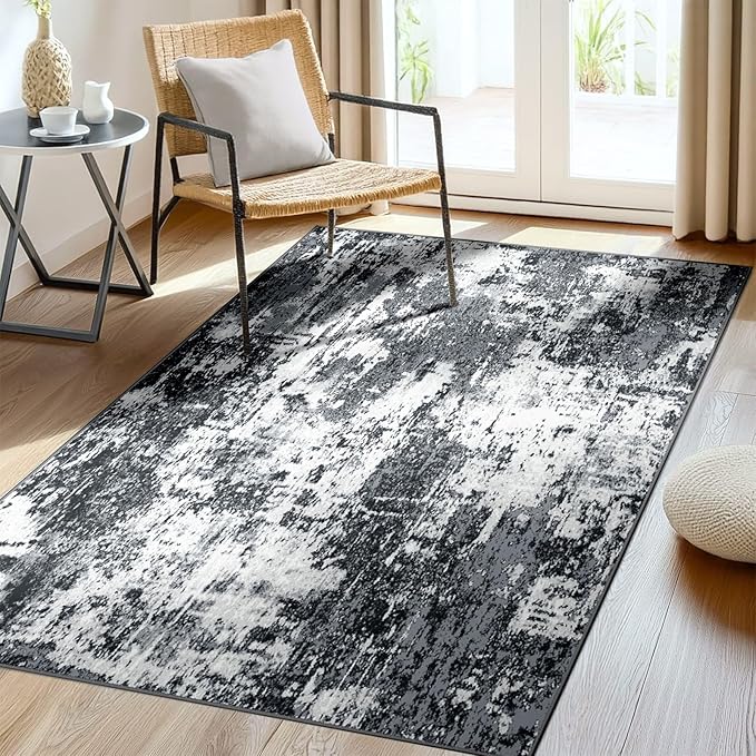 Washable Area Rugs 3'x5' Non-Slip Modern Abstract Soft for Living Room Entryway Bedroom Nursery, Print Pattern, Black Navy Blue Gray