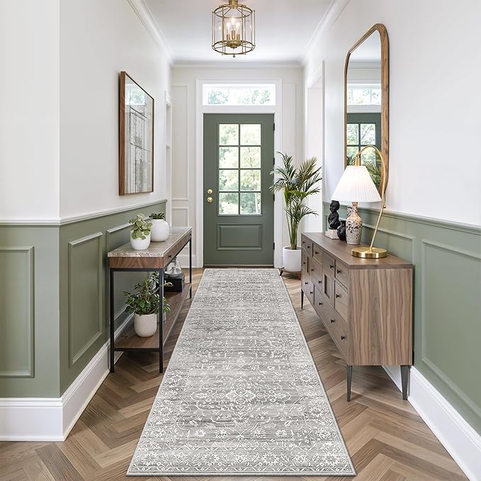 Washable 2.5'x8' Runner Rugs for Hallway, Kitchen Runner Rugs with Rubber Backing Vintage Non-Slip Soft 2'6"x8' Carpet Runner for Entryway Laundry Bedroom Farmhouse Grey