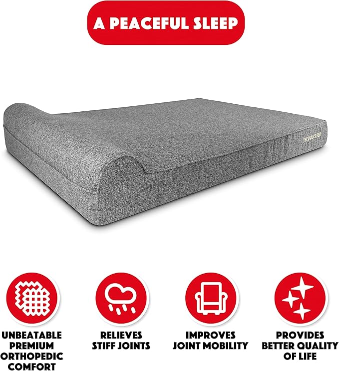 The Dog’s Bed Orthopedic Memory Foam Dog Bed with Headrest, Linen Fabric, Grey Linen, XXL, 6-Inch