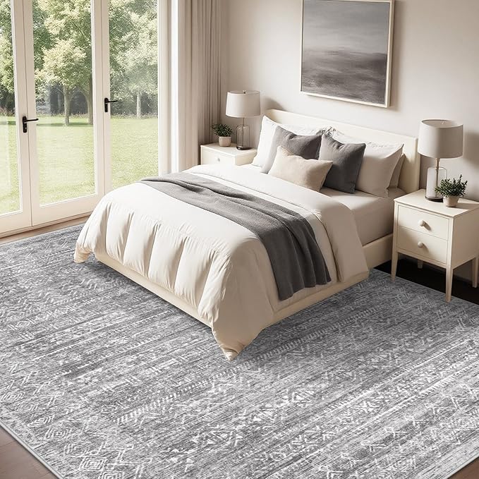 Washable Rug 9x12 Area Rugs: Modern Geometric Rugs for Living Room Non Slip Soft Low Pile Moroccan Indoor Carpet for Bedroom Nursery Dining Room Home Office (Grey, 9'x12')