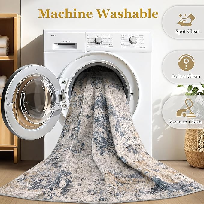 Area Rugs for Living Room: 9x12 Abstract Washable Rug Large Soft Stain Resistant Non-Slip Backing for Bedroom Dining Room Indoor Home Office Carpet for Kids Pet Friendly Families - Blue Brown