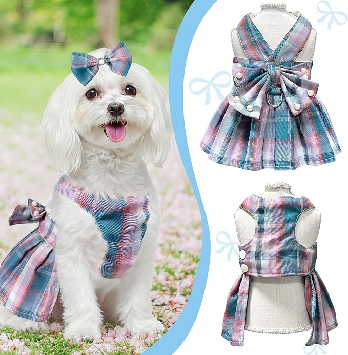 Dog Dress Bowknot Harness Leash Set for Small Dogs Girl Cute Plaid Dog Dress Pearls Bow Tie Spring Summer Princess Clothes Birthday Holiday Doggie Outfits for Puppy Cats Girl (Lake Blue, Medium)