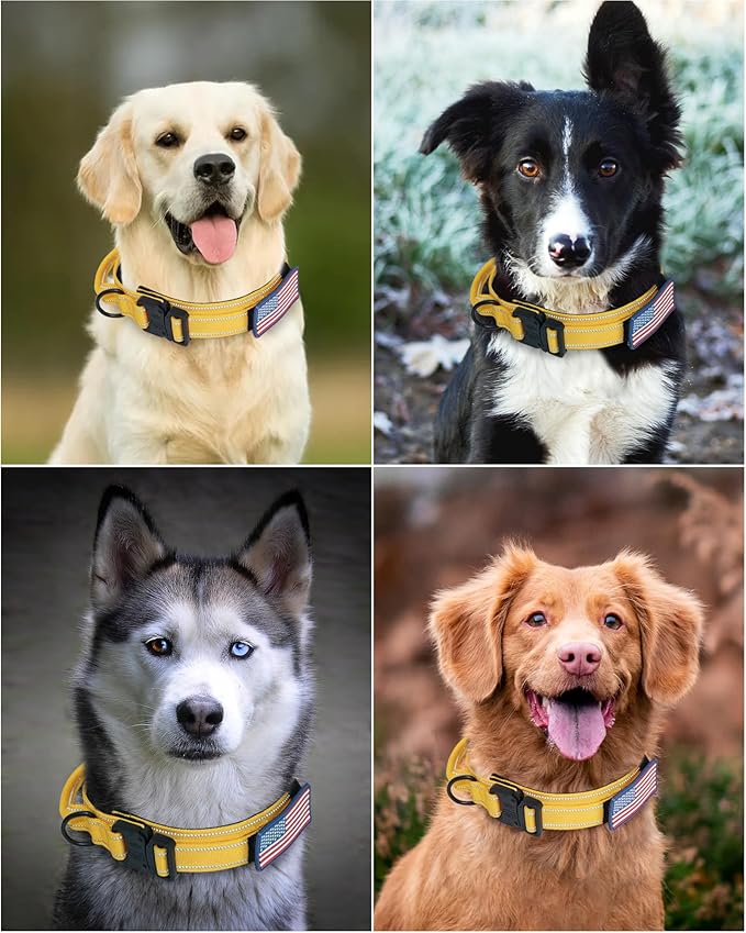 AUBELL Reflective Tactical Dog Collar,Adjustable Military Heavy Duty K9 Collars with Handle and Quick Release Metal Buckle Great for Large Dogs, with Airtag Case and 2 Patches (Yellow,L)