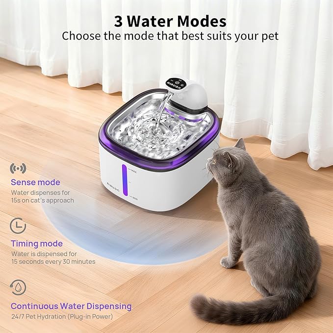 Cat Water Fountain Cordless 118oz/3.5L Wireless & Battery Operated Pet Water Fountain for Indoor Cats, Stainless Steel Tray with Sensor & Timer Modes, Ultra-Quiet, BPA-Free & Easy-to-Clean