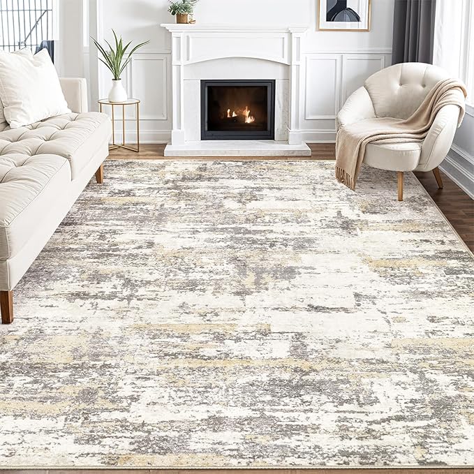 Area Rugs for Living Room: 10x14 Abstract Washable Rug Modern Neutral Large Soft Stain Resistant Non-Slip Backing Machine Table for Bedroom Dining Room Indoor Home Office Carpet - Gold Brown