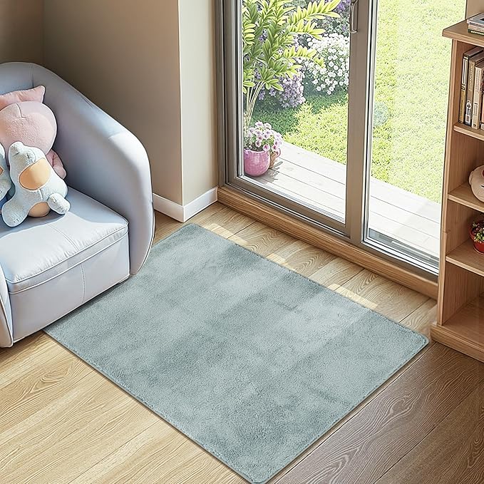 jinchan Solid Plush Area Rug 2x3 Performance Shaggy Washable Rug Indoor Entryway Doormat Soft Modern Faux Wool Cozy Non Slip Carpet for Living Room Kid Room Bedroom Nursery Slate Blue