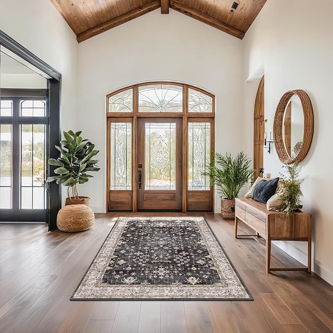 Black Modern Farmhouse 5x8 Area Rug for Living Room, Boho Large Entryway Rug, Dark Floor Carpet for Kitchen Under Small Dining Table, Bedroom - Washable Low Pile Waterproof Non Slip & Stain Resistance