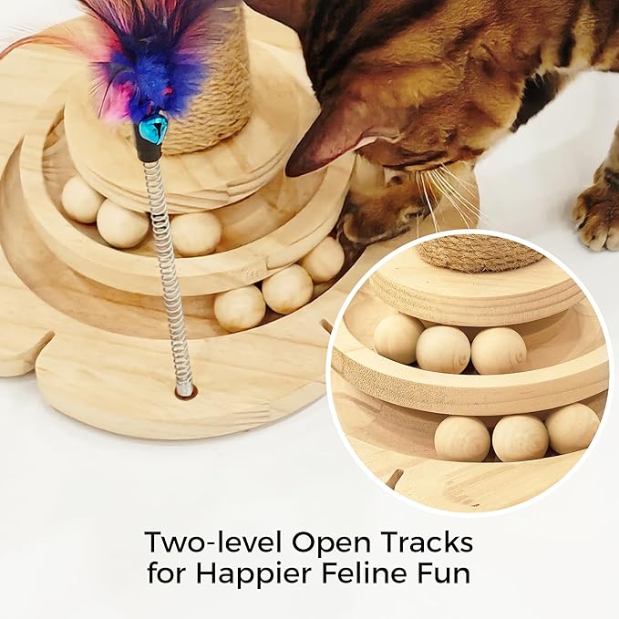 Cat Scratching Post, Cat Scratcher Toy for Indoor Cats, 17.3" Tall Scratch Post with 2-Layer Ball Tracks, Interactive Feather Toy and Sisal Hanging Ball, Banana Tree Cat Tower for Kittens