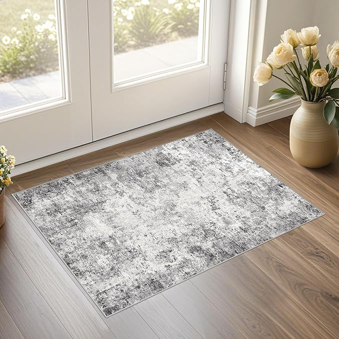 2x3 Entryway Area Rug: Washable Neutral Modern Abstract Small Rug - Non-Slip Low Pile Throw Indoor Carpet for Entrance Kitchen Front Door Mat Bathroom Entry Kids Room - Grey