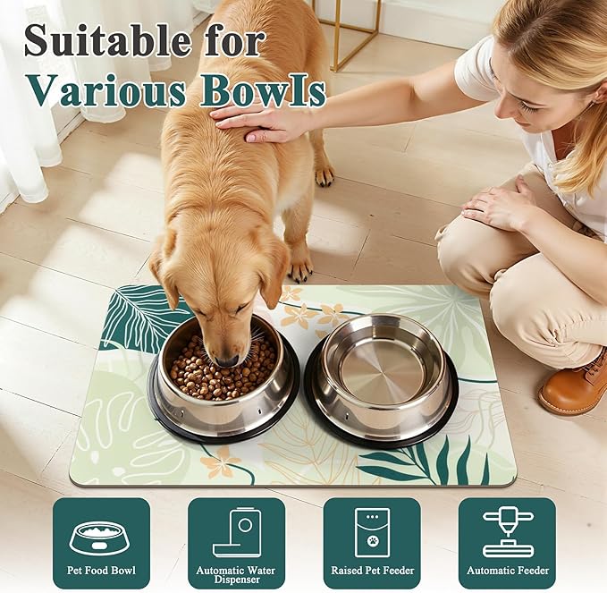 Topotdor Boho Dog Food Mat for Floors, Absorbent Quick-Dry Cat Pet Feeding Mat, Non-Slip Dog Bowl Mat for Food and Water, Pet Placemat for Dogs, Cats, Puppy Accessories, 12"x20", Green