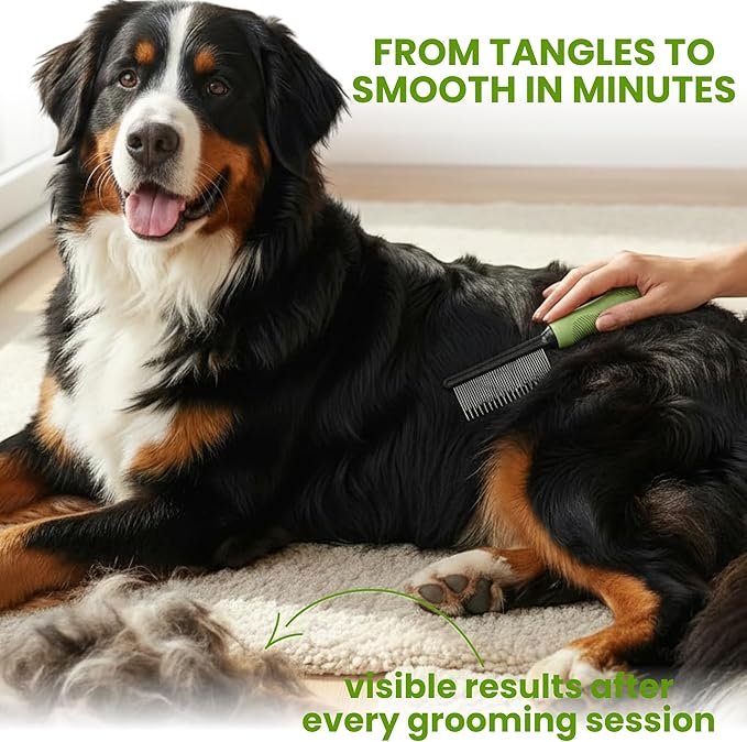 Poodle Grooming Comb - Metal Dematting Comb with Long & Short Stainless Steel Teeth for Removing Matted Hair & Knots, Safe and Gentle for Dogs & Cats (Green)