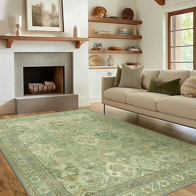 Bavni Washable Rug 6x9 Area Rug for Living Room Bedroom Dining, Washable Vintage Print Carpet, Ultra-Thin Chenille Low Pile Lightweight Rug with Non Slip Backing, Light Green