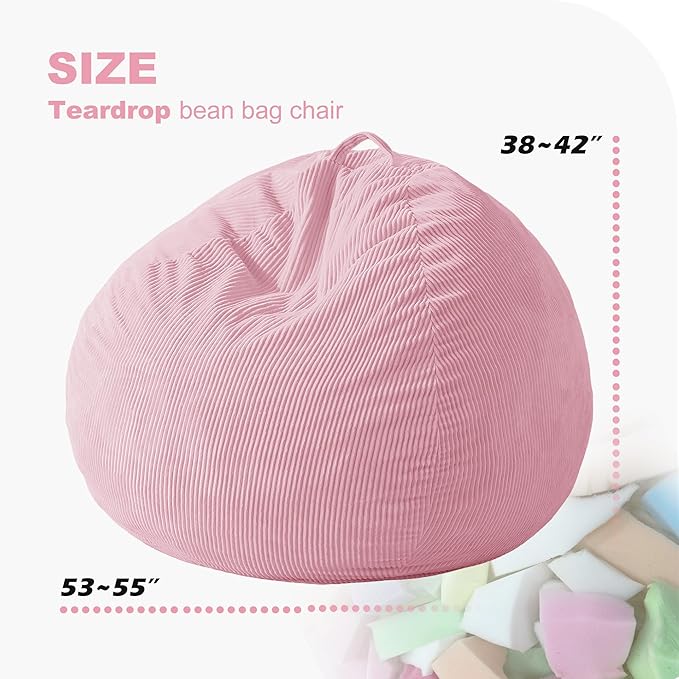 Homguava 5FT Bean Bag Chair for Adults,Teardrop Giant Bean Bags Big Beanbag Chair with Memory Foam Filled and Ultra Soft Removable Corduroy Cover for Living Room, Bedroom (Light Pink)