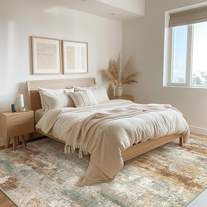 Area Rugs 9x12 for Living Room Bedroom, Modern Abstract Machine Washable Rug, Large Soft Low Pile Floor Cover with Non Slip Backing for Dining Room, Orange Green