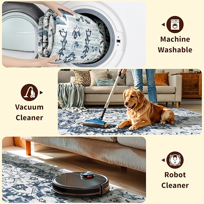 LBRO2M Boho Area Rug 5X7 Washable Rugs for Bedroom Low Piles Indoor Rugs, Non Slip Soft Carpet for Living Room, Dining Room, Blue Rug Foldable Pet Friendly Area Rugs Stain Resistant (5'X7' Blue)