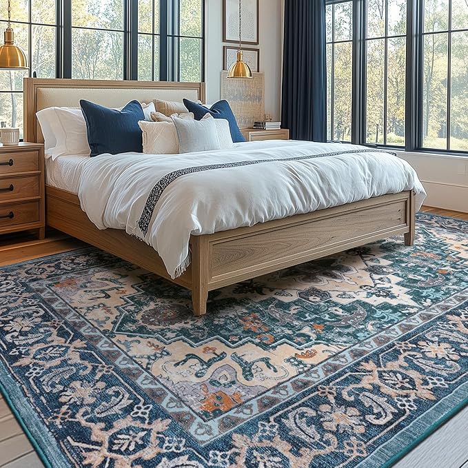 Lessymo Area Rug 6x9, Machine Washable Area Rugs, Super Soft Faux-Wool Area Rugs for Living Room Bedroom Kitchen, Boho Vintage Floral, Non-Slip Low Pile, Kid & Pet Friendly, Dark Green