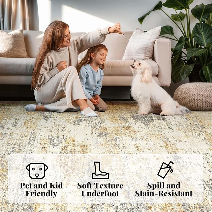 Area Rug Living Room Washable Rugs: 9x12 Modern Neutral Abstract Low Pile Non Slip Floor Carpet - Large Soft Thin Stain Resistant Rug for Bedroom Dining Indoor Office Home, Gold Grey