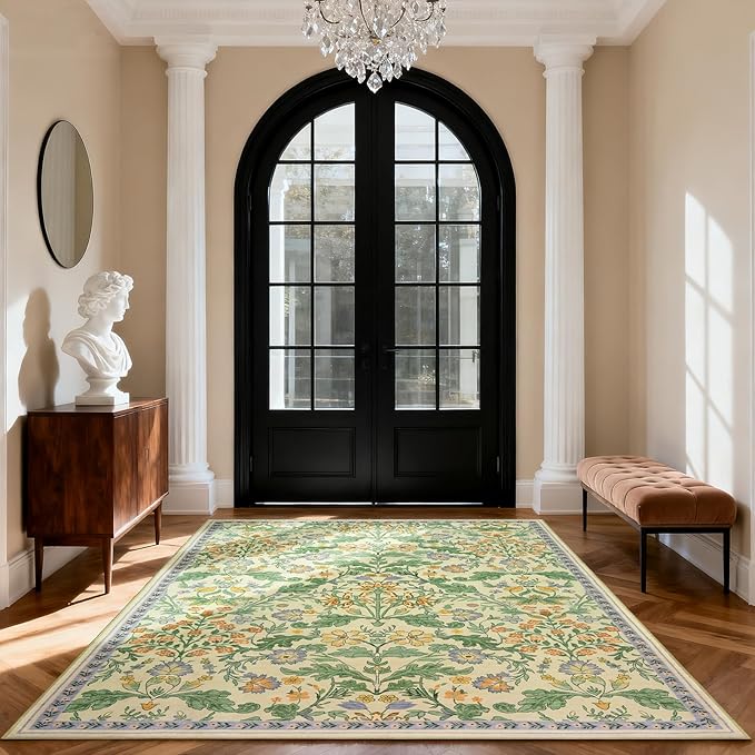 Floral Area Rug for Living Room: 4x6 Washable Soft Low Pile Thin Indoor Carpet, Non Slip Stain Resistant Vintage Flower Boho Accent Rugs for Bedroom, Dining, Home Office, Nursery - Ivory