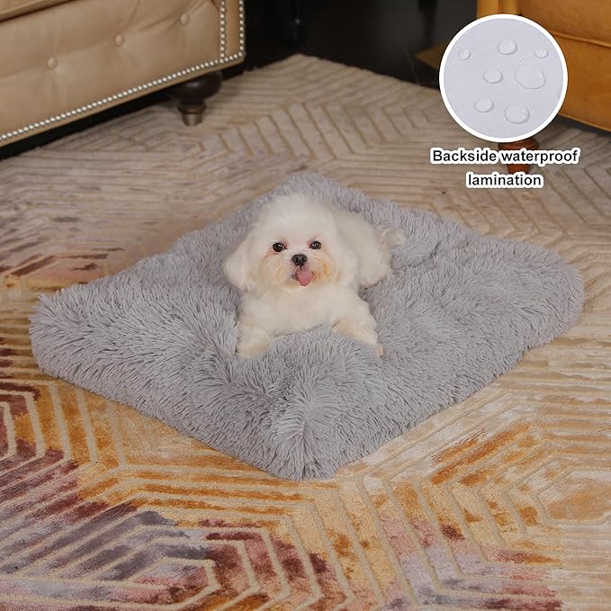 Bedfolks Waterproof Crate Bed, Plush Dog & Cat Kennel Pad with Removable Cover, Faux Fur, Washable, 23"x18", Solid Light Grey