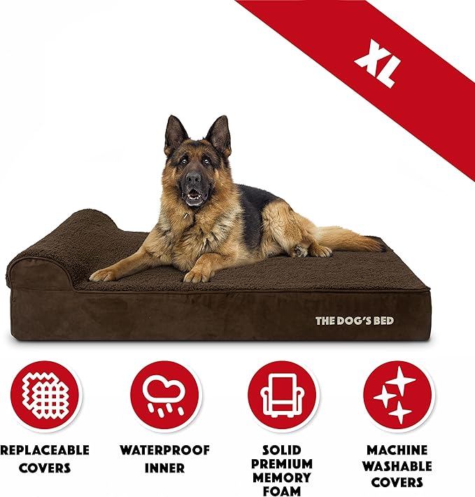 The Dog’s Bed Orthopedic Memory Foam Dog Bed with Headrest, Plush Fabric, Brown Plush, XL, 6-Inch