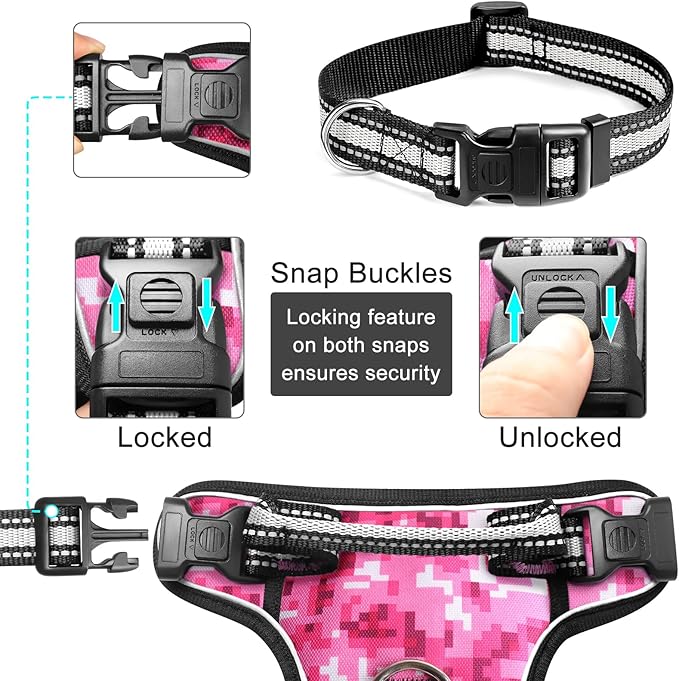 WINSEE Dog Harness No Pull, Pet Harnesses with Dog Collar, Adjustable Reflective Oxford Outdoor Vest, Front/Back Leash Clips for Small, Medium, Large, Extra Large Dogs, Easy Control Handle for Walking