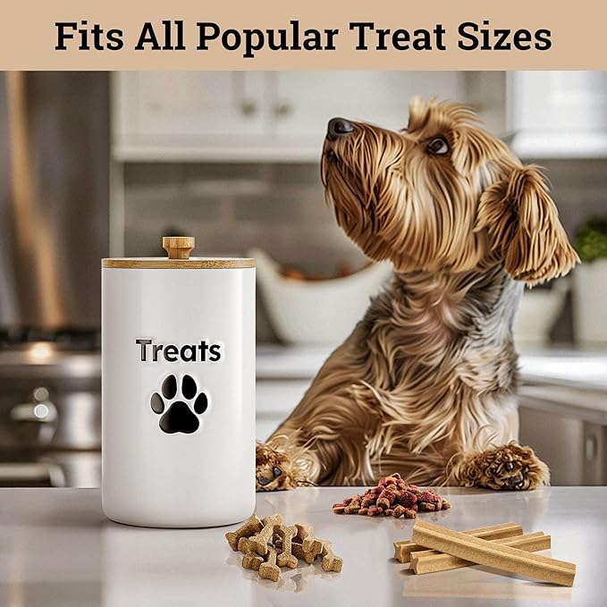Dog Treat Container Airtight - 5 Inch Wide x 9 Inch Tall Ceramic Dog Treat Jar for Kitchen Counter with Airtight Bamboo Lid - 7 Cup Capacity Pet Treat Container - Doggie Cookie Jar - Treats Canister